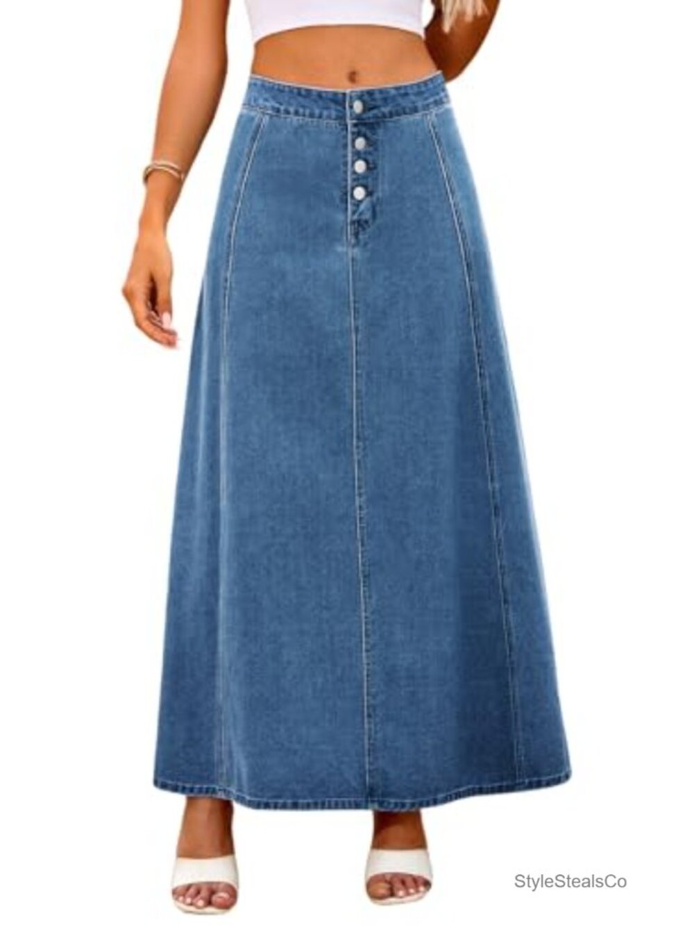 High Waist Denim Maxi Skirt A-Line Flare Button Fly Stretch Cotton